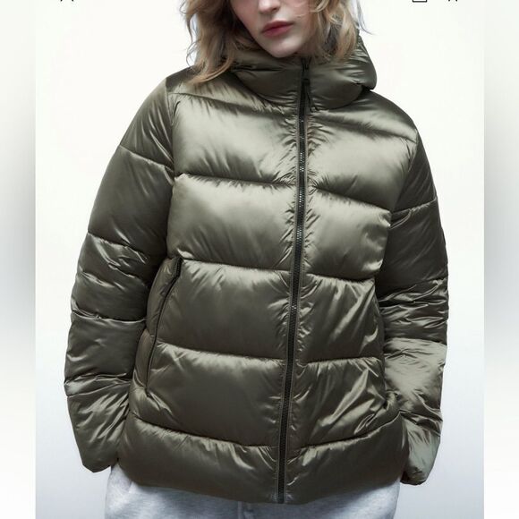 Zara Hooded Pocketed Lightweight Puffer Jacket Taupe Grey Large NWT - Picture 3 of 7